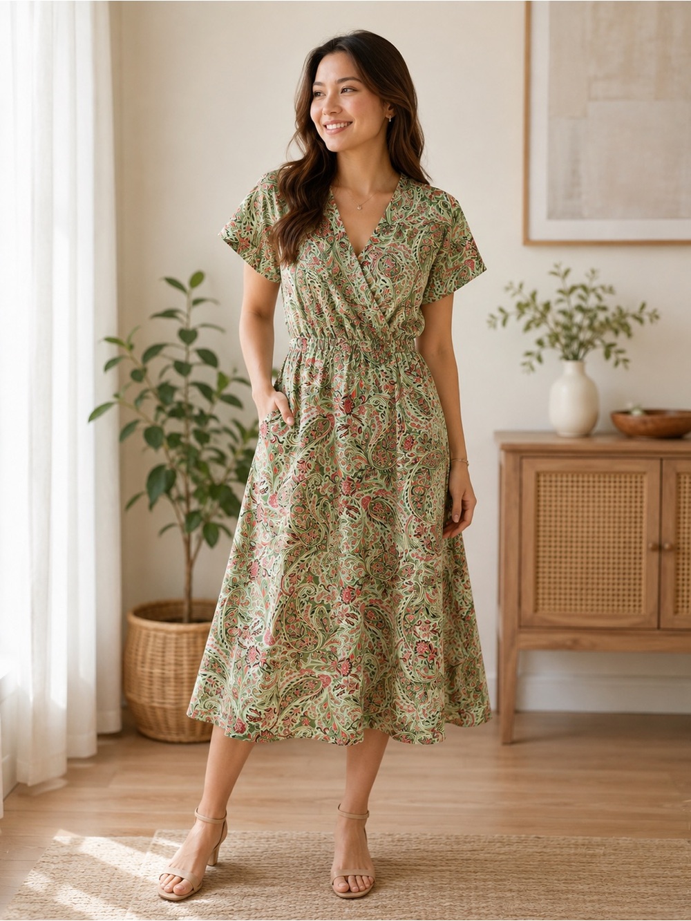 LOFT Sage Green Paisley Wrap Midi Dress with Pink Accents